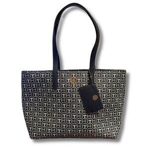 Tommy Hilfiger Black TH Logo Monogram Tote Bag & Pouch – NWT $138 • Great Gift!